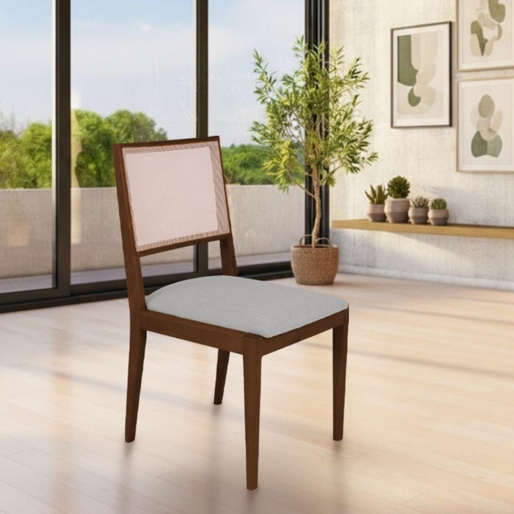 Conjunto Com 2 Cadeiras De Jantar Suellen Em Madeira E Mdf Mel Linho Cinza Prata