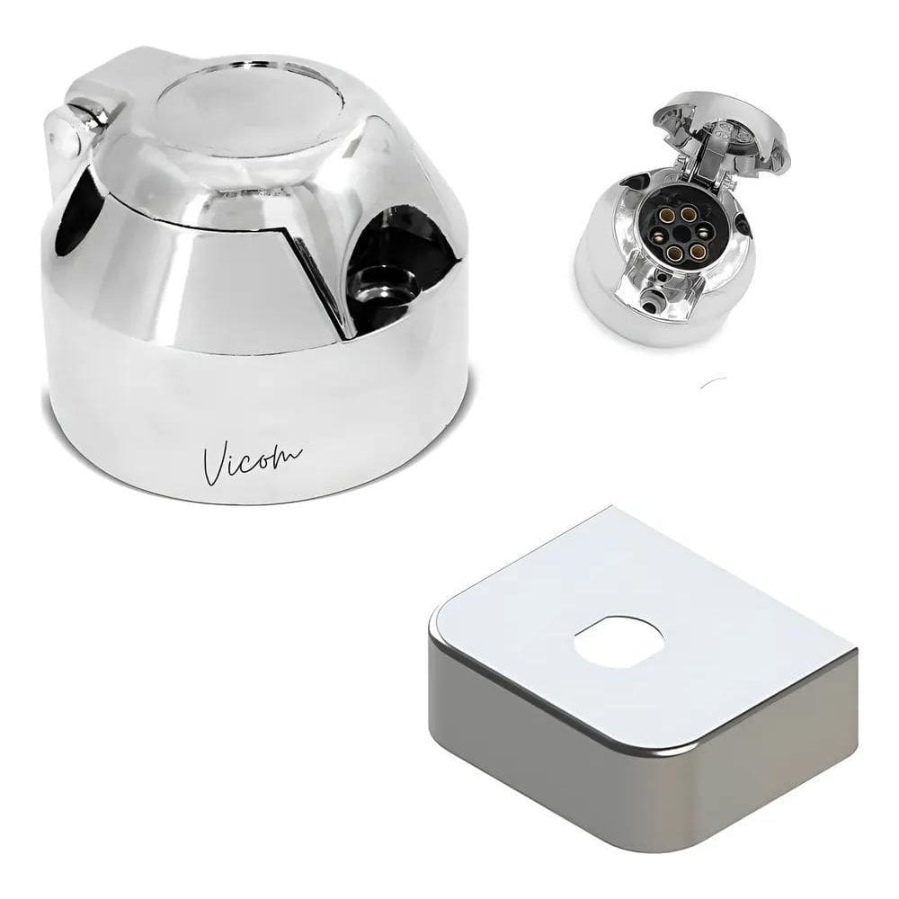 Kit Tomada Cromada E Capa Inox 9 Cm Para Engate Reboque