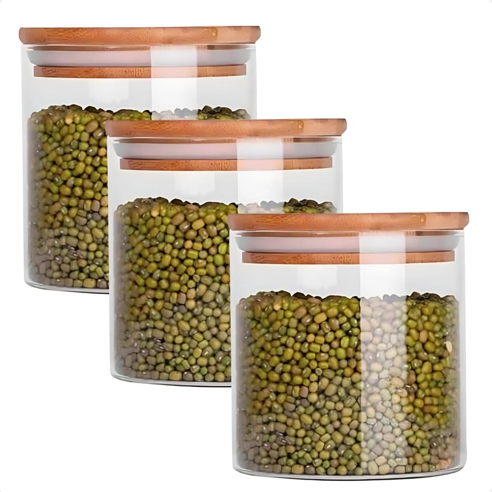 Kit 3 Pote de Vidro com Tampa de Bambu Oikos 500ML Hermético Redondo Empilhável