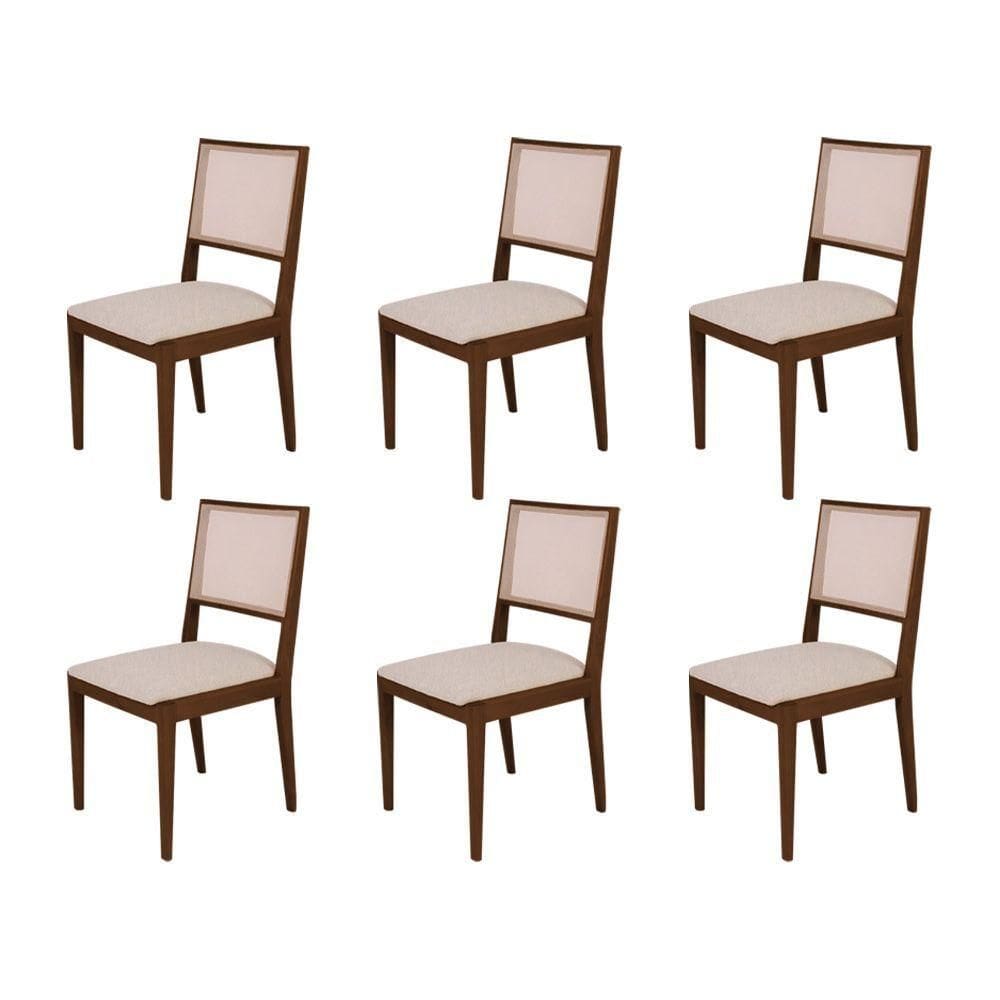 Conjunto Com 6 Cadeiras De Jantar Estofada Suellen Em Madeira E Mdf Mel Linho Bege