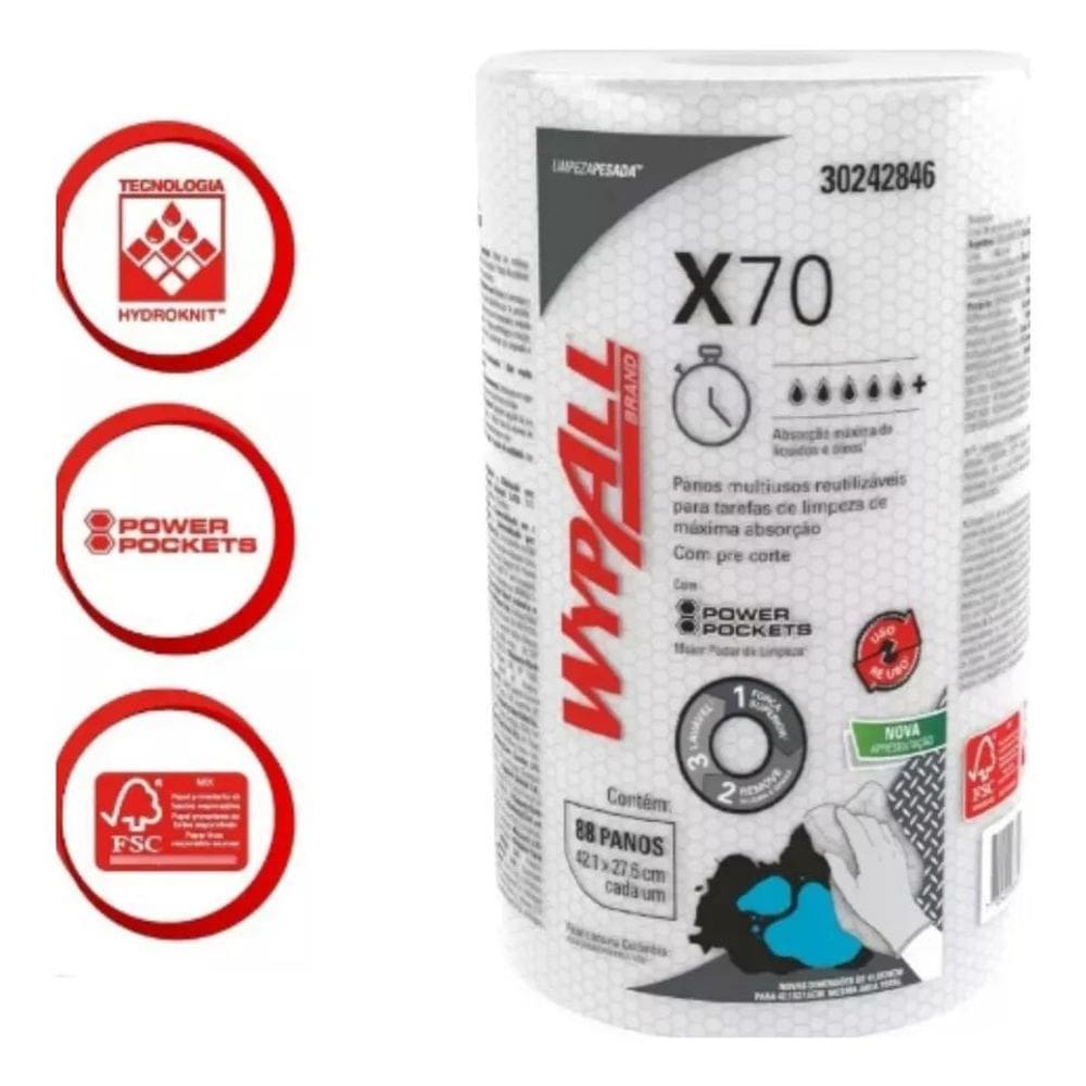 Pano De Limpeza Wypall X70 Plus 88 Panos 42X28Cm