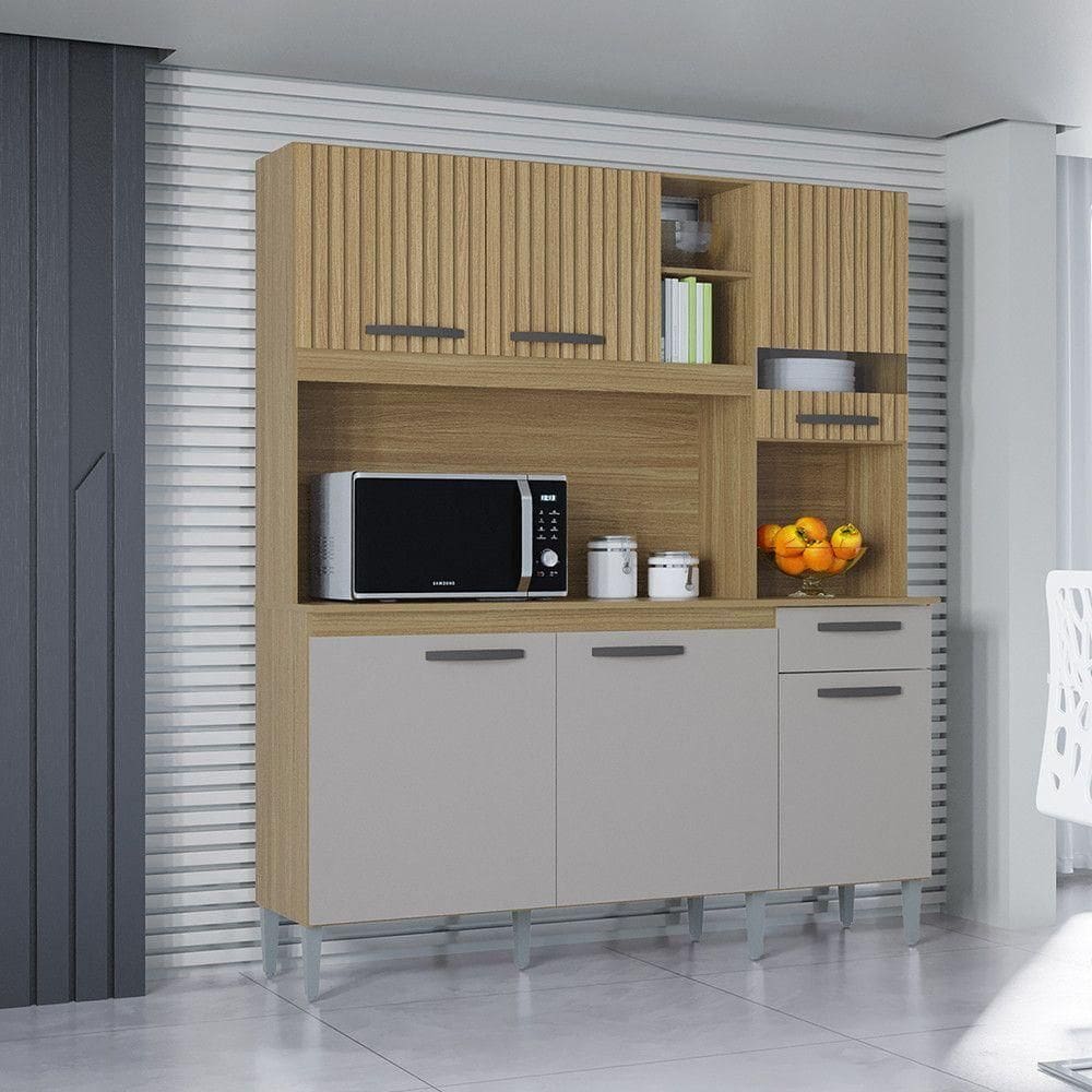 Cozinha Compacta Bárbara 6 Portas 1 Gaveta Poquema Damasco/ripado/offwhite