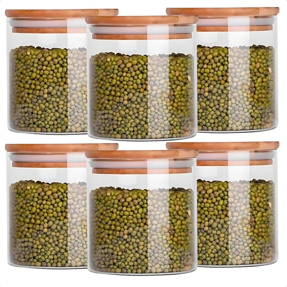 6 Potes de Vidro com Tampa de Bambu Oikos 500ML Hermético Redondo