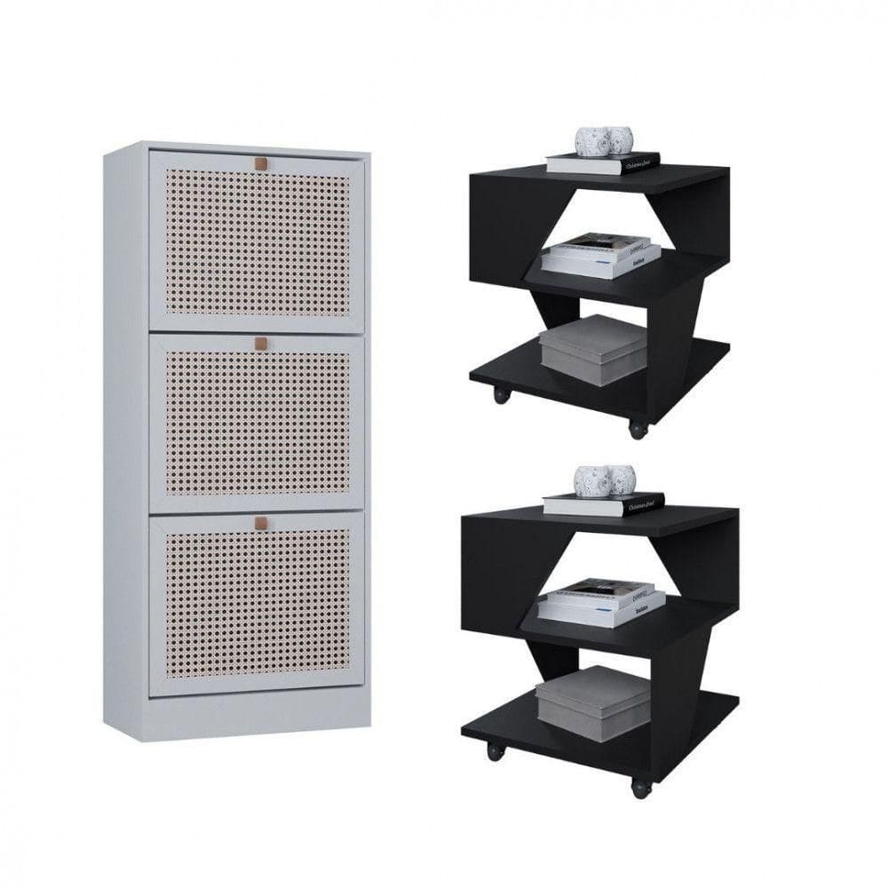 Kit Sapateira Spin Tropical 3 Portas E 2 Mesas De Cabeceira Preto/branco