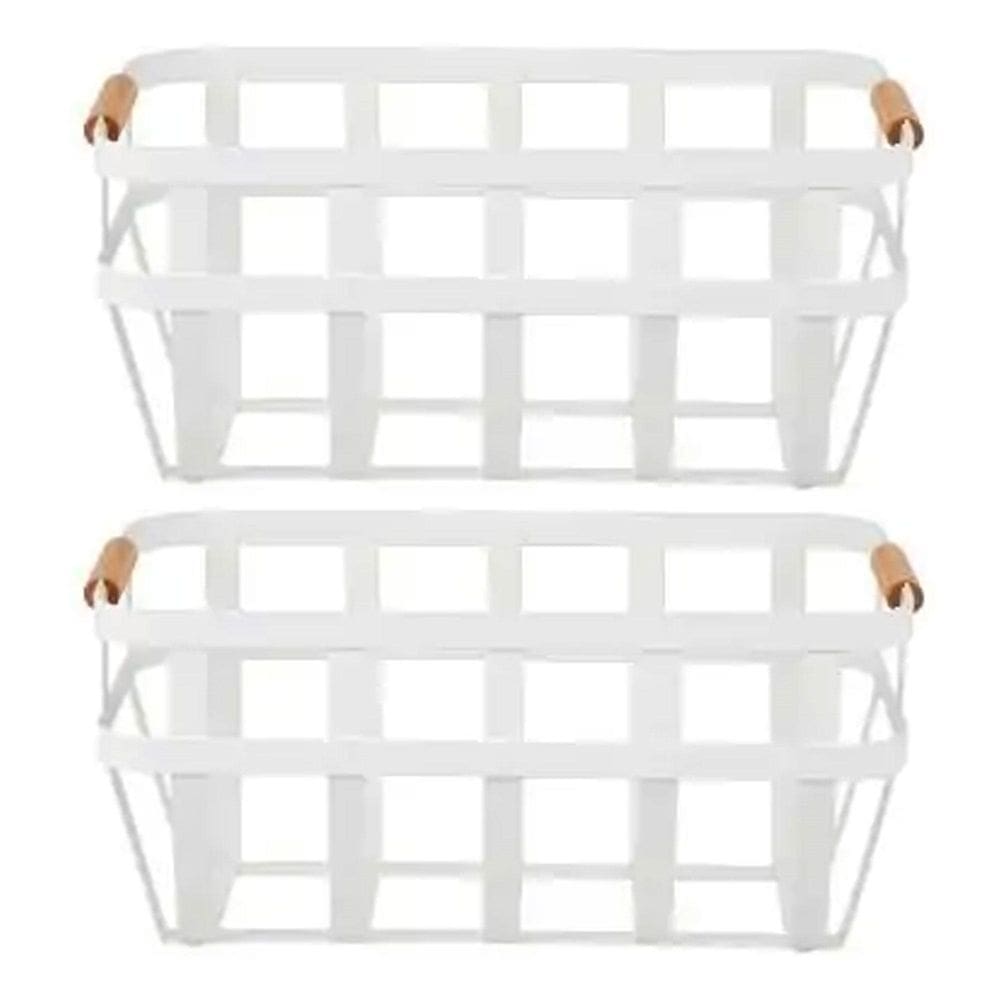 Kit 2 Cesto De Metal Com Alca De Bambu 33X17X15Cm Branco
