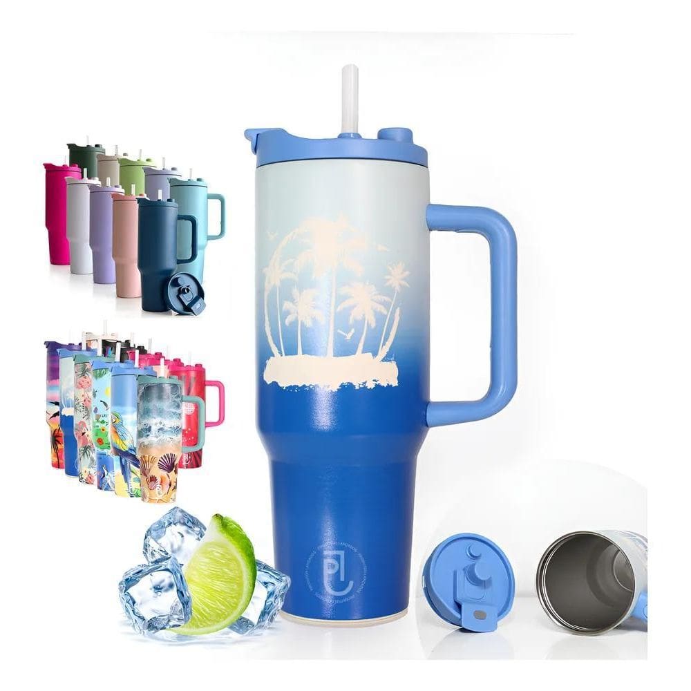 Copo Térmico 1200Ml Inox Grande Com Alça Azul-Escuro Estampa