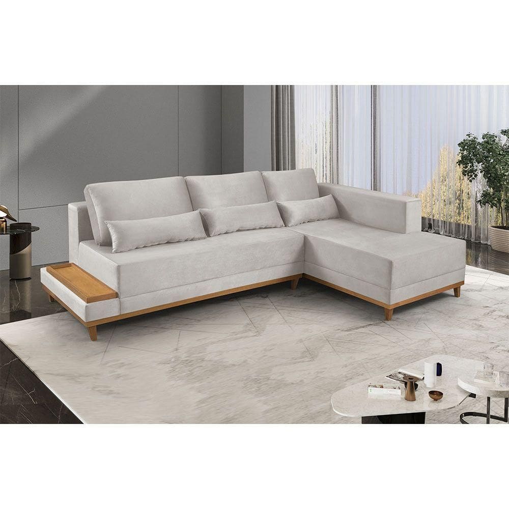 Sofá De Canto 4 Lugares Com Chaise M-174 Estofados Martins Veludo Creme
