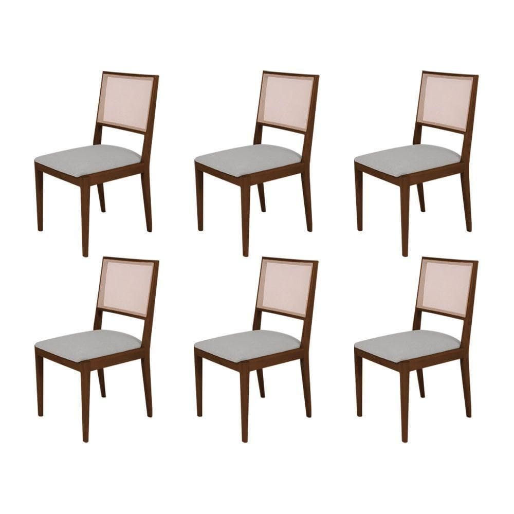 Conjunto Com 6 Cadeiras De Jantar Estofada Suellen Mel Linho Cinza Prata