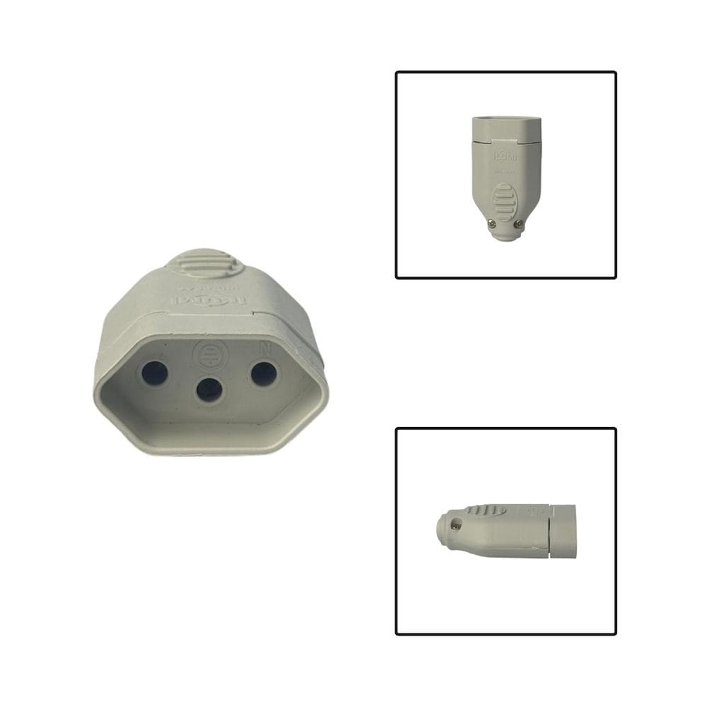 Tomada Plug Fêmea 3 Pinos 10A 250V Cinza