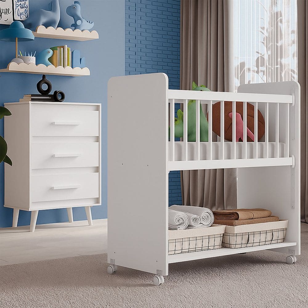 Cômoda Pé Palito 3 Gavetas e Berço com Rodízios Lima