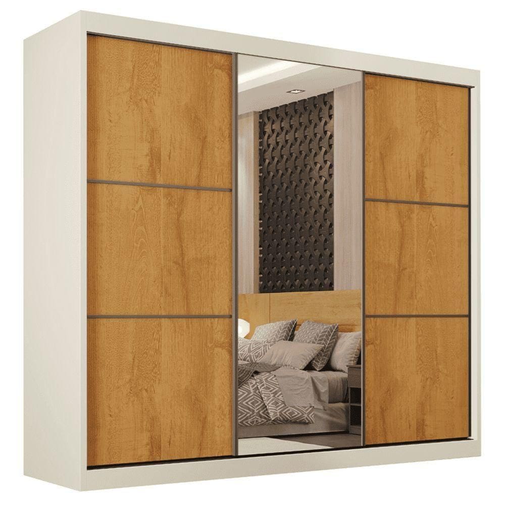 Guarda Roupas Casal 3 Portas De Correr Com Espelho 100% Mdf Flex 6 Gavetas Argel Off White / Madeirado