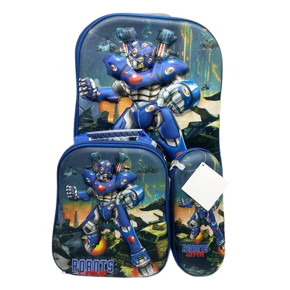 Kit Mochila Com Rodinhas E Lancheira + Estojo Robots War