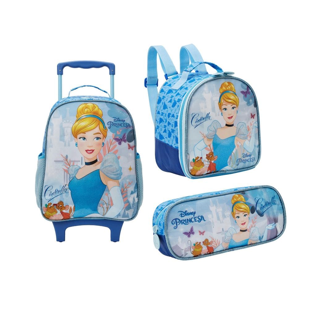 Kit Mochila Carrinho E Rodas Lancheira E Estojo Cinderela
