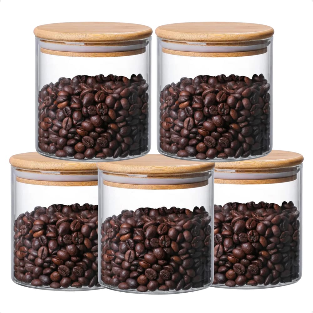 Kit 5 Pote de Vidro com Tampa de Bambu Oikos 500ML Hermético Redondo Empilhável
