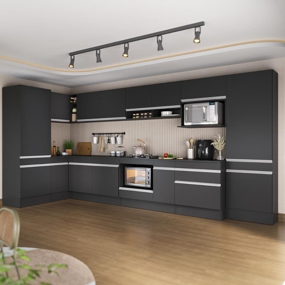 Cozinha Modulada Completa Canto 409cm C/ Balcão Cooktop Veneza Multimóveis Mp2304 Preto/branco
