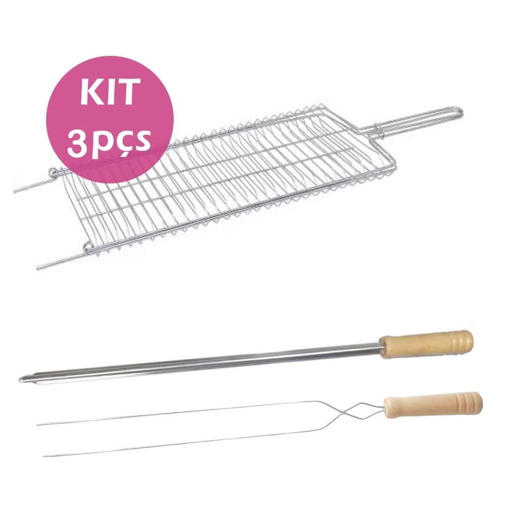 Kit Grelha 1Un Espetos Duplo 1Un Simples Inox 65Cm Churrasco