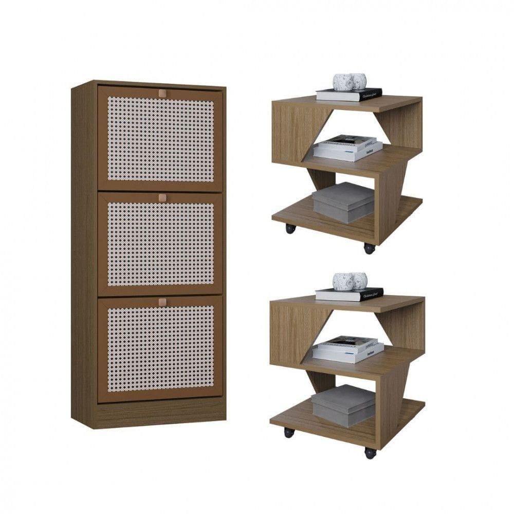 Kit Sapateira Spin Tropical 3 Portas E 2 Mesas De Cabeceira Carvalho