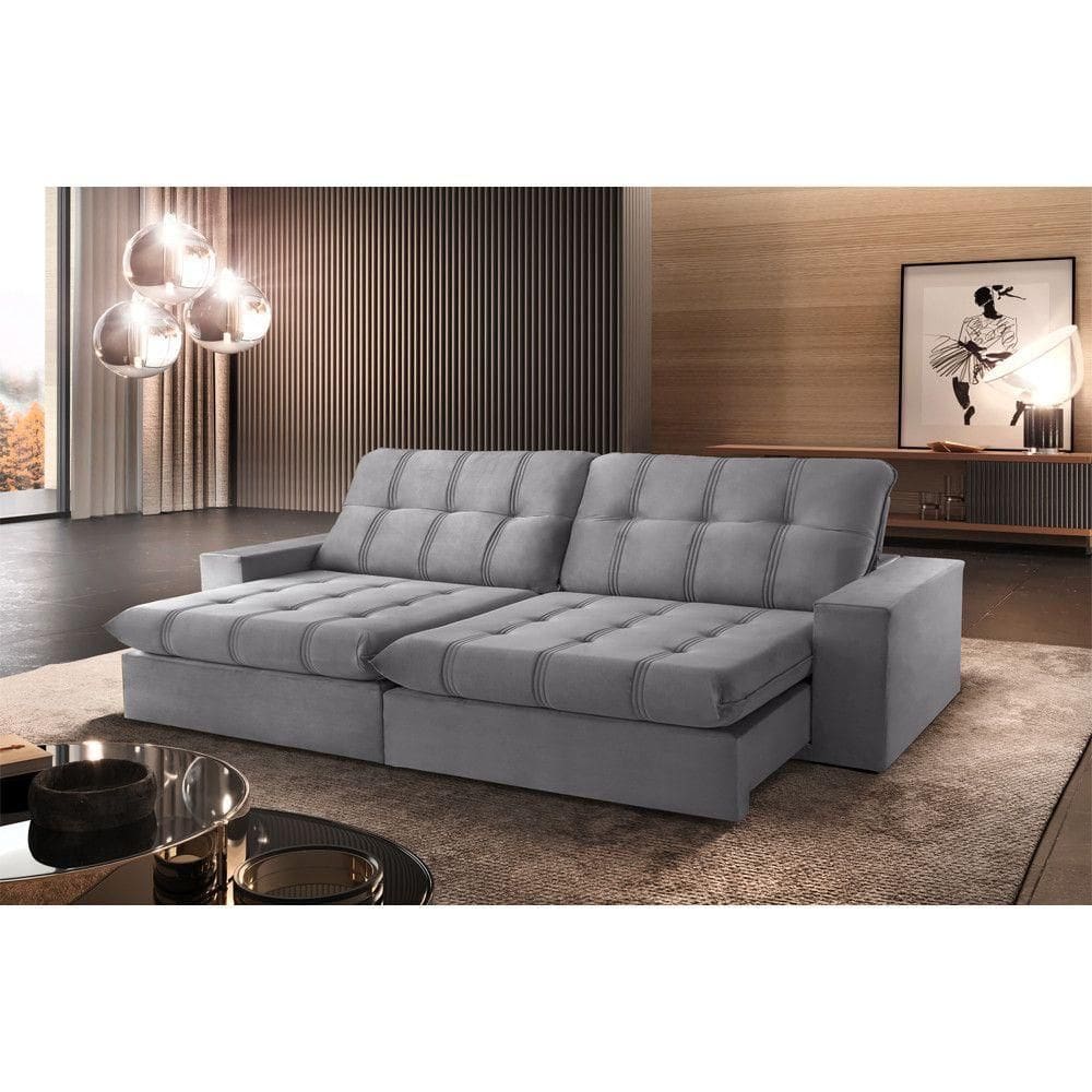 Sofá Retrátil Caparaó 2,50m 4 Lugares Molas Ensacadas Txr Prata