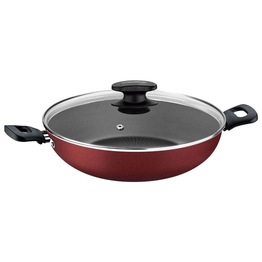 Panela Wok Loreto Em Aluminio Antiaderente Com Tampa Vermelha 28cm