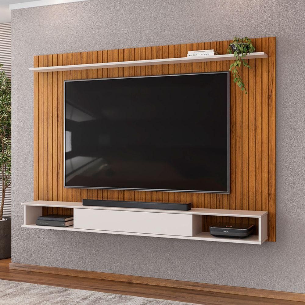 Painel Para TV Até 70 Polegadas Frisado Com Nichos River Madeirado/Off White