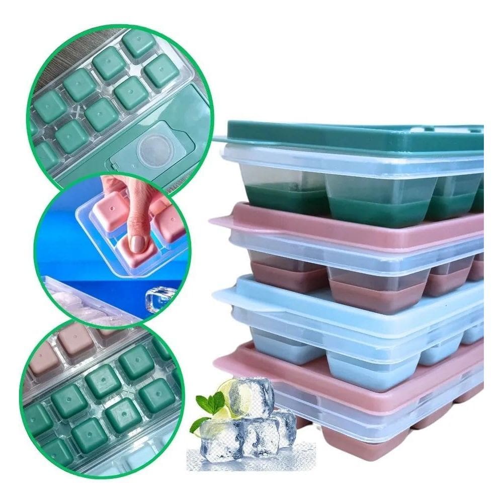 2X Kit 4 Formas De Gelo Silicone Com Tampa Enche Fácil Sorti