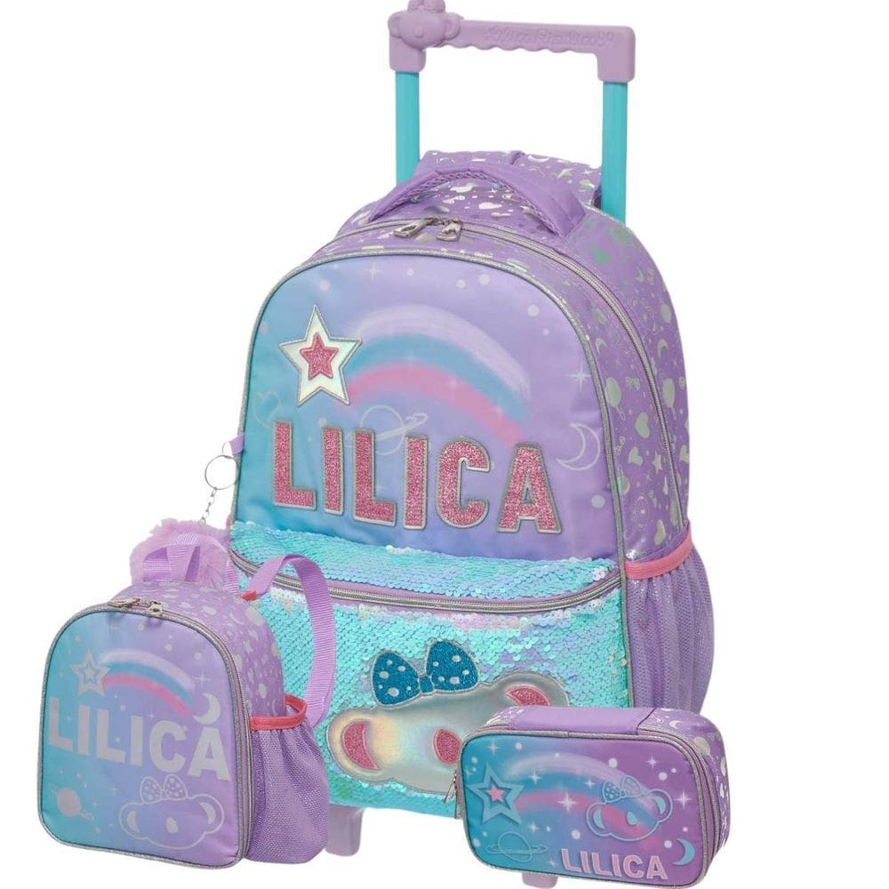 Kit Mochila Roda Lilica Ripilica Lantejoula Lancheira Estojo