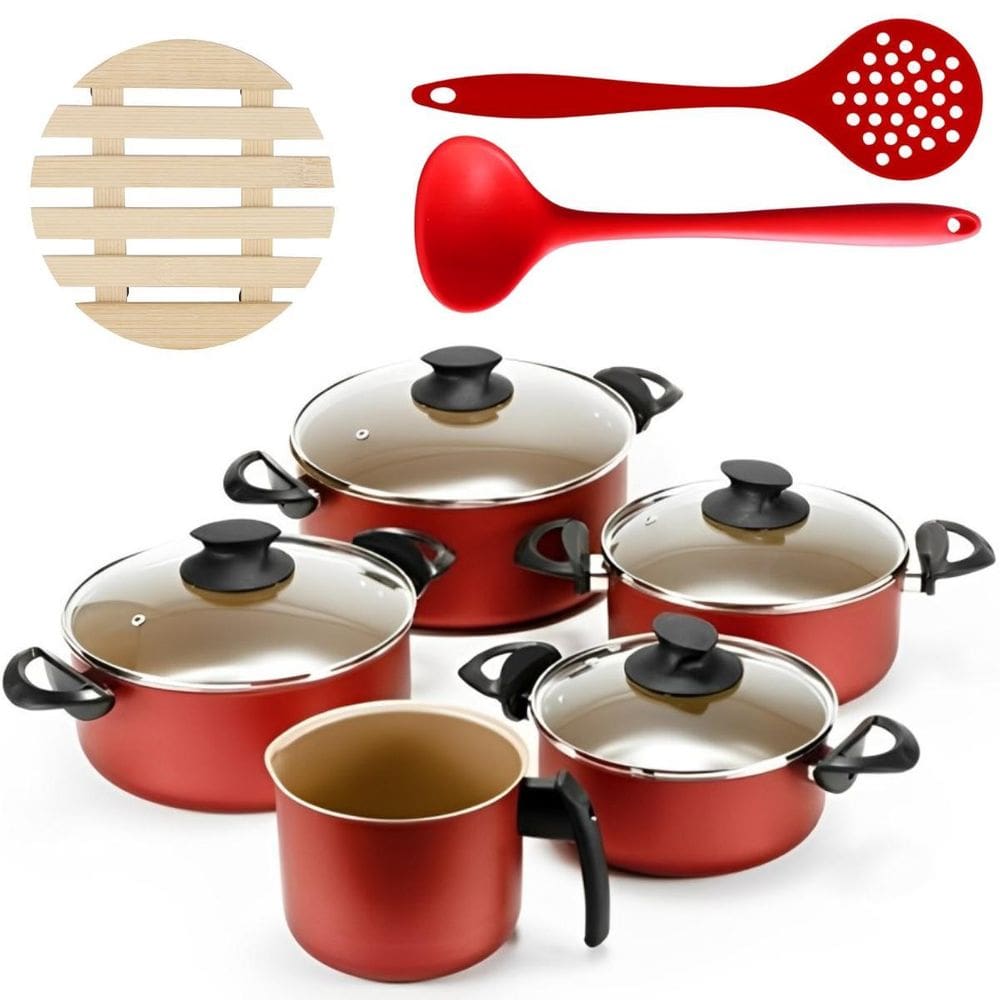 Jogo De Panelas 05 Pçs + 05 Descansos + Concha + Escumadeira