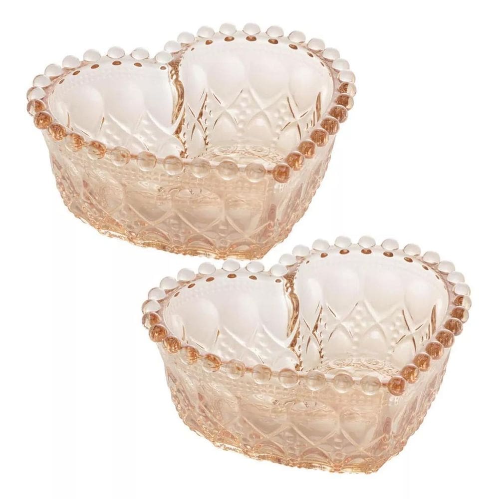 Kit 2Pc Mini Bowl De Vidro Coração Balls Âmbar Metalizado