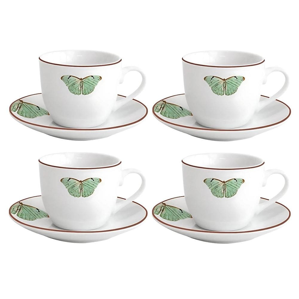 Jogo Xícaras Café Com Pires 80Ml 4 Pçs Borboleta Porcelana