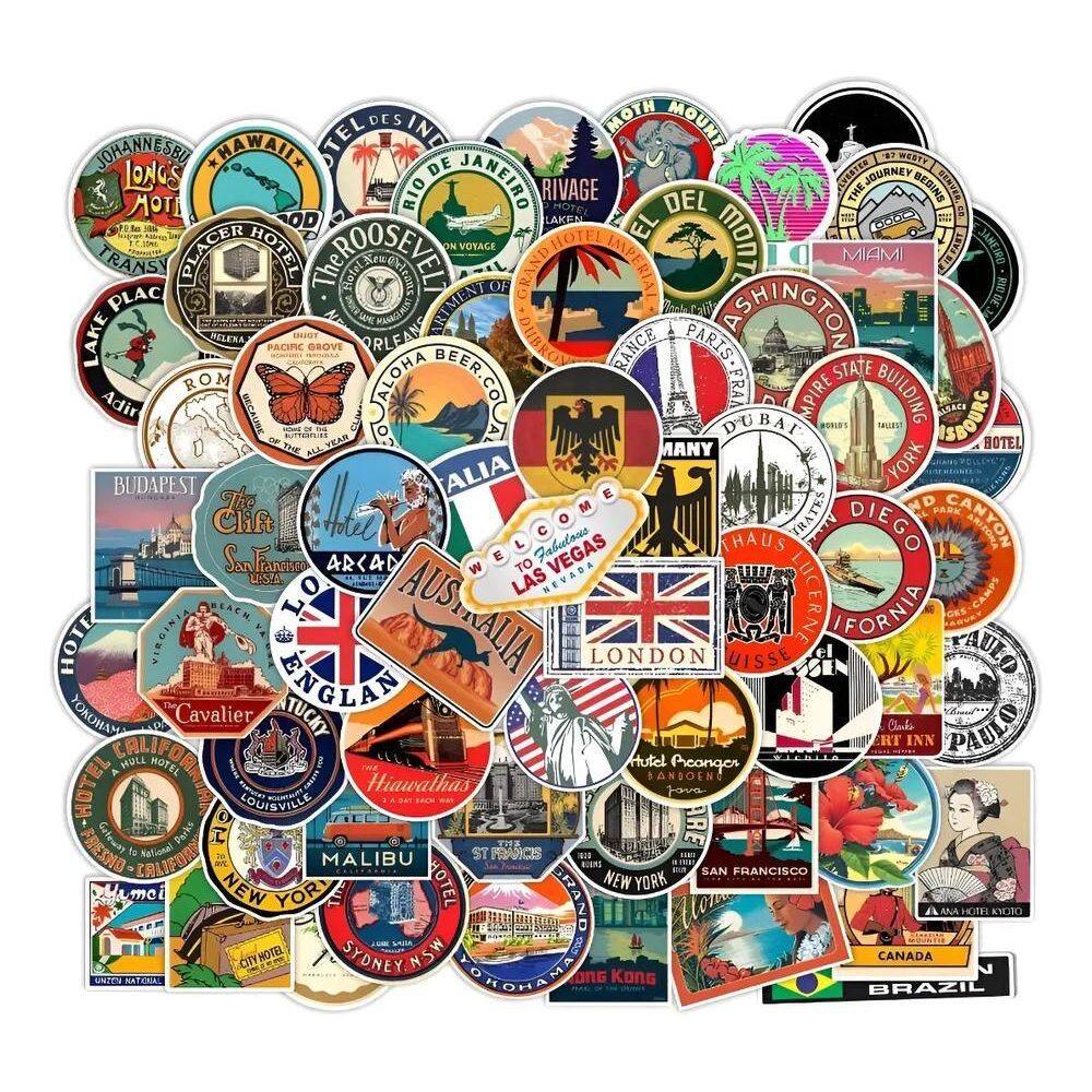 64X Adesivos Hotéis Diversos Países Lugares Malas V Branco