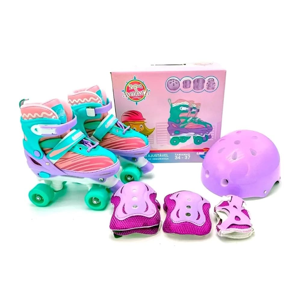 Patins Infantil Quad Ajustável Turma da Aventura Com Kit Proteção, Acolchoado e Freios frontais Unitoys