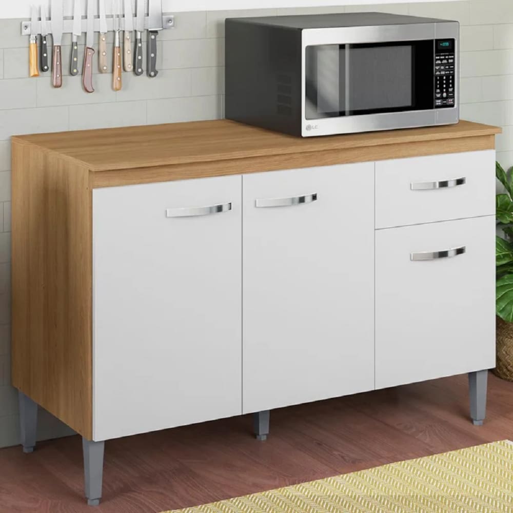 Balcão 120m Gabriela Com Tampo MDP 3 Portas 1 Gaveta - Amendoa/Branco AJL