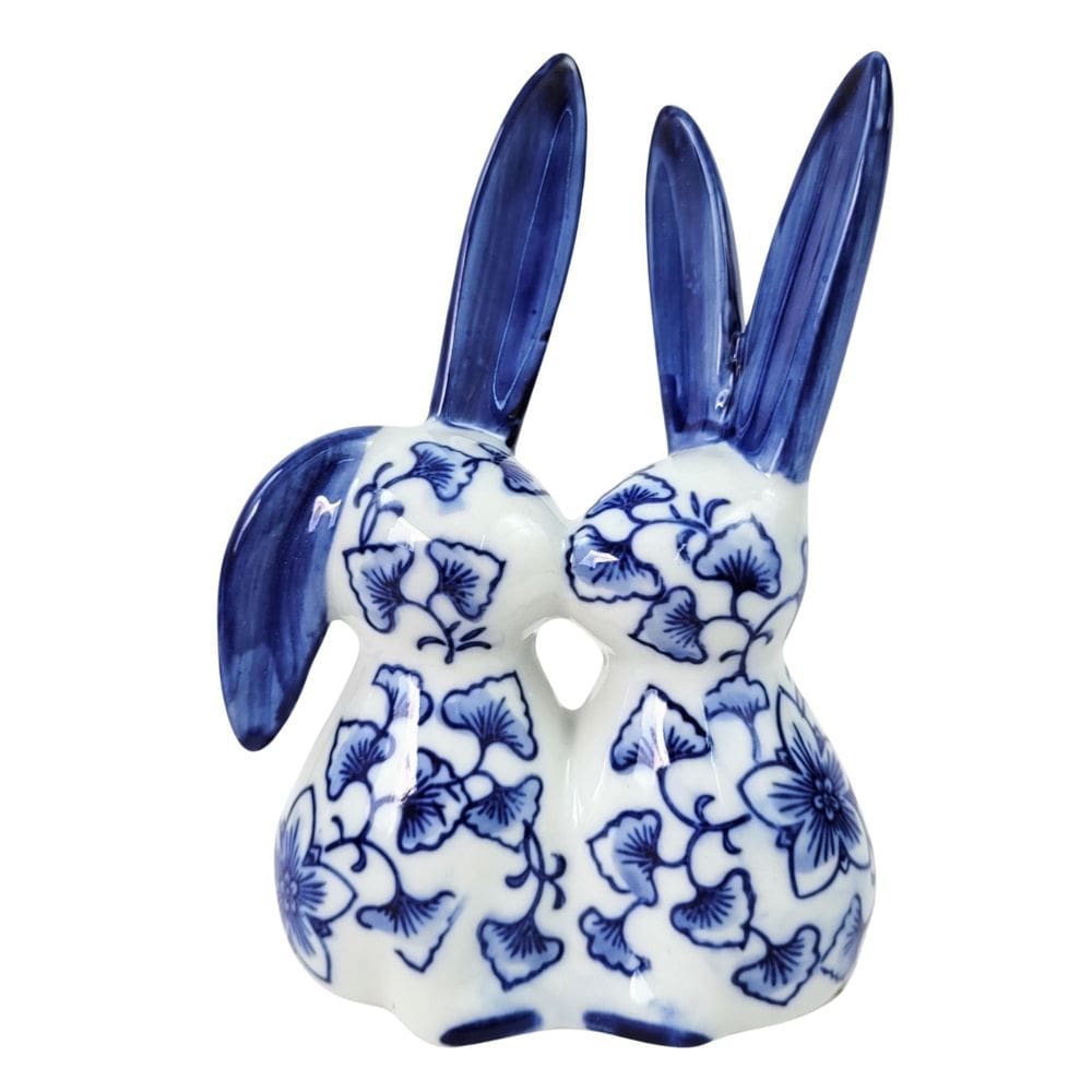 Casal De Coelho Porcelana Azul E Branca Oriental Pascoa 15Cm