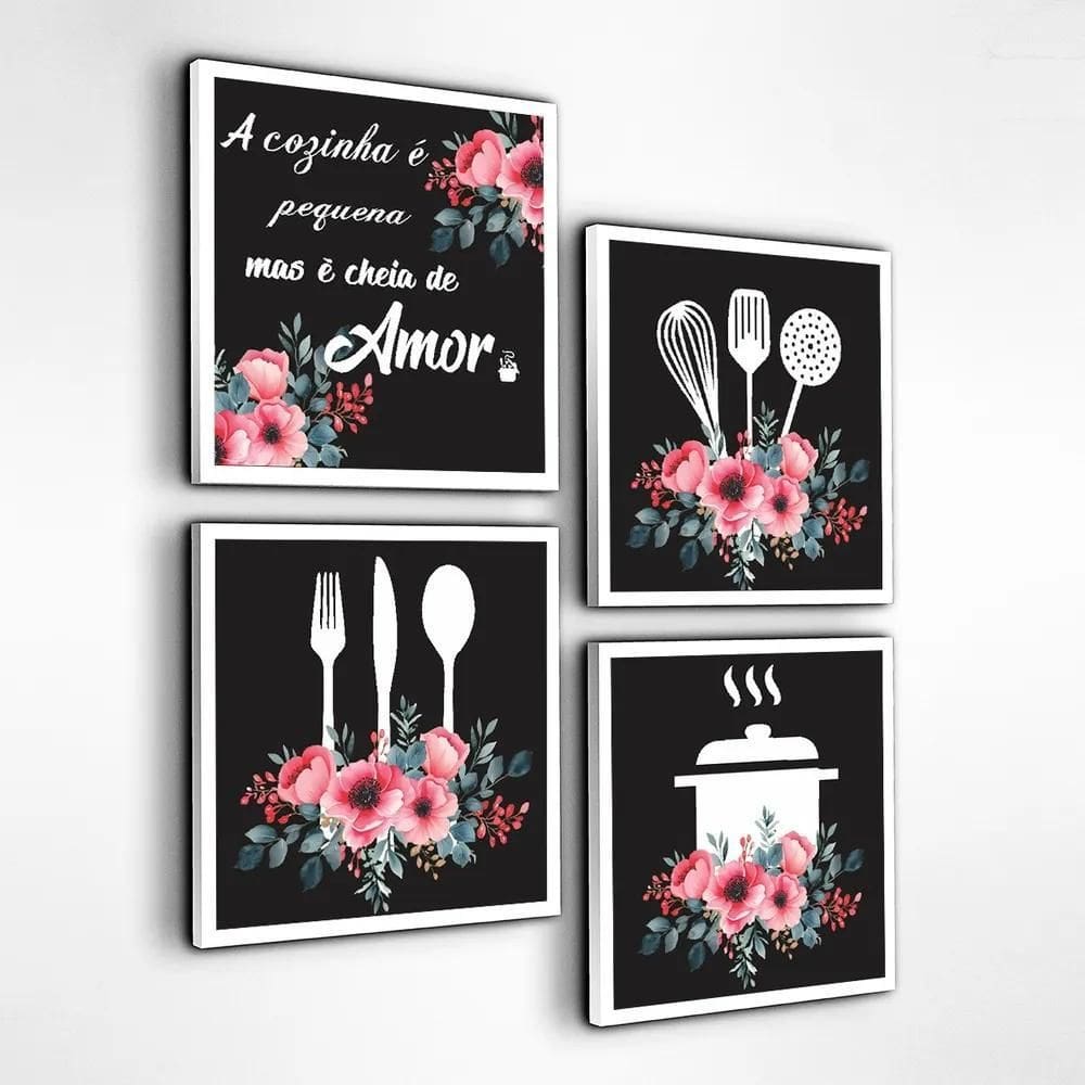 Kit 4 Quadros Cozinha Decorativos Flores Placas Qu Preto Pre