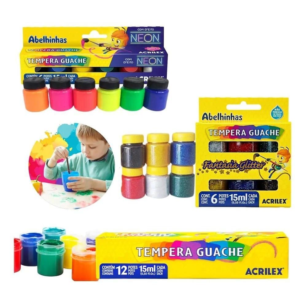 Kit Tinta Guache Tempera 24Un Acrilex Glitter Neon Escolar