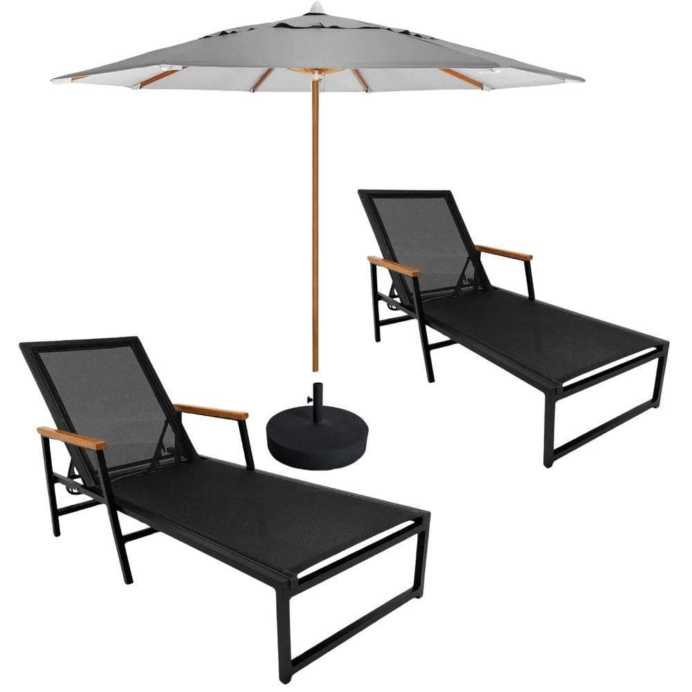 Kit 2 Espreguiçadeiras Confortável Reclinável Piscina Jardim + Ombrelone Cinza