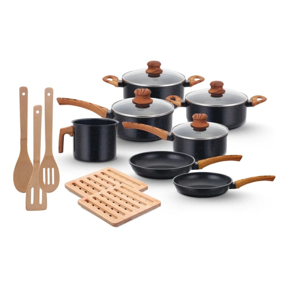 Jogo de Panelas Indução Antiaderente, Fundo Triplo, Revestimento Cerâmico, Alumínio Ecoglide eTampasdeVidro