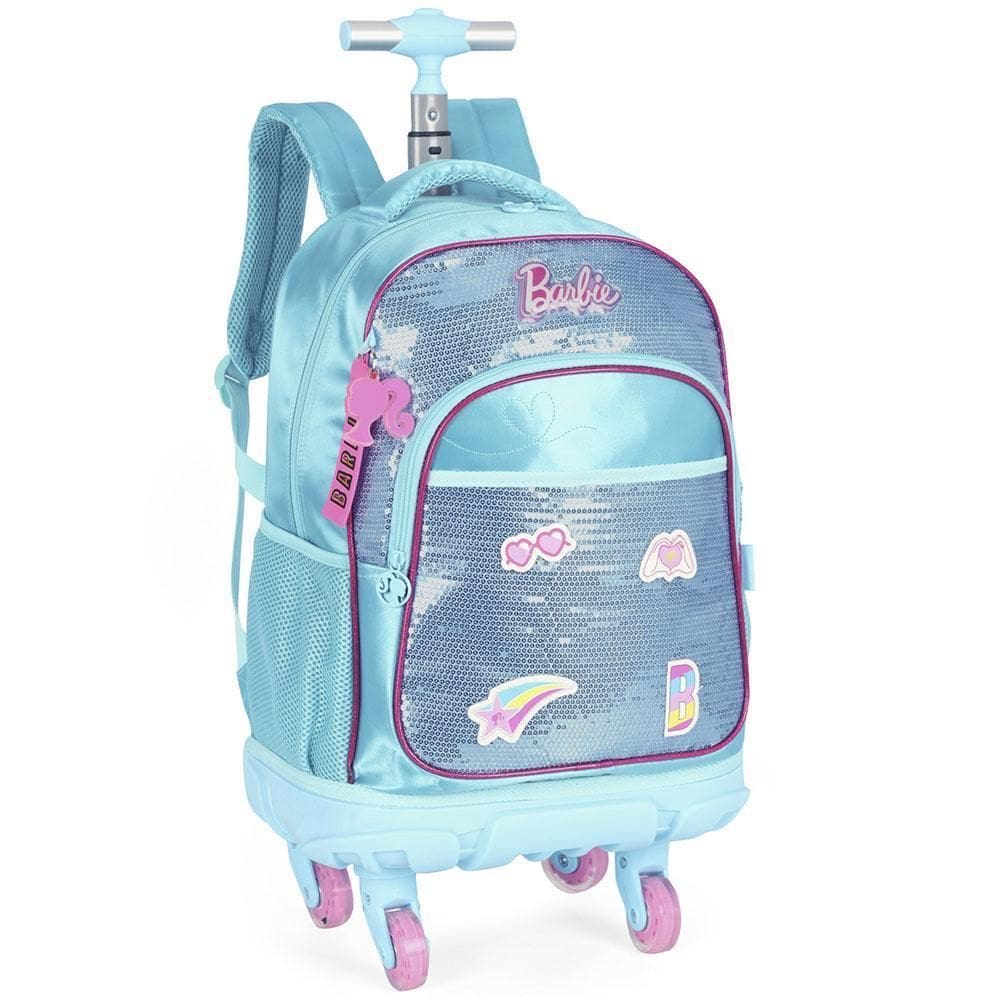 Mochila Rodinha 18 Barbie Paetê Lantejoulas Azul Luxcel