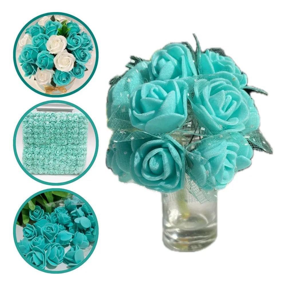 144 Mini Rosas Flores Rosinha Artifici Azul-Turquesa - Tiffa
