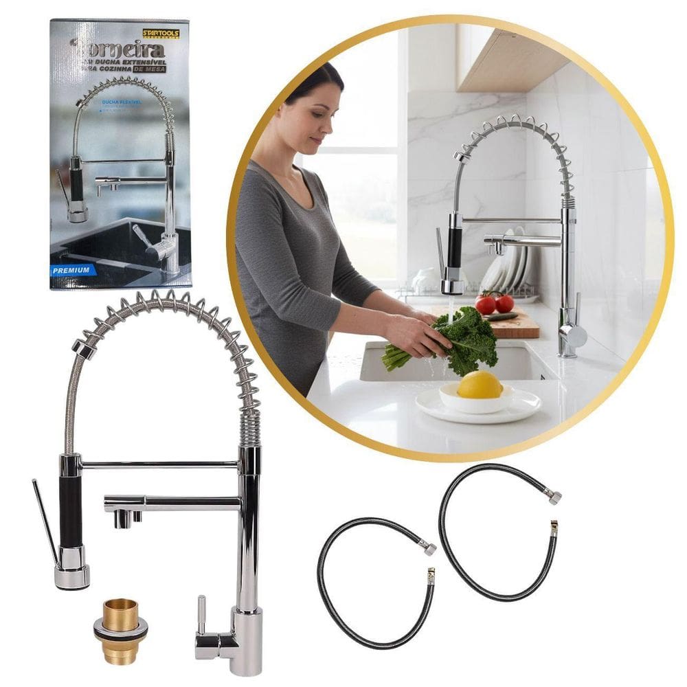 Torneira Gourmet Monocomando Mesa Com Ducha Flexível Inox
