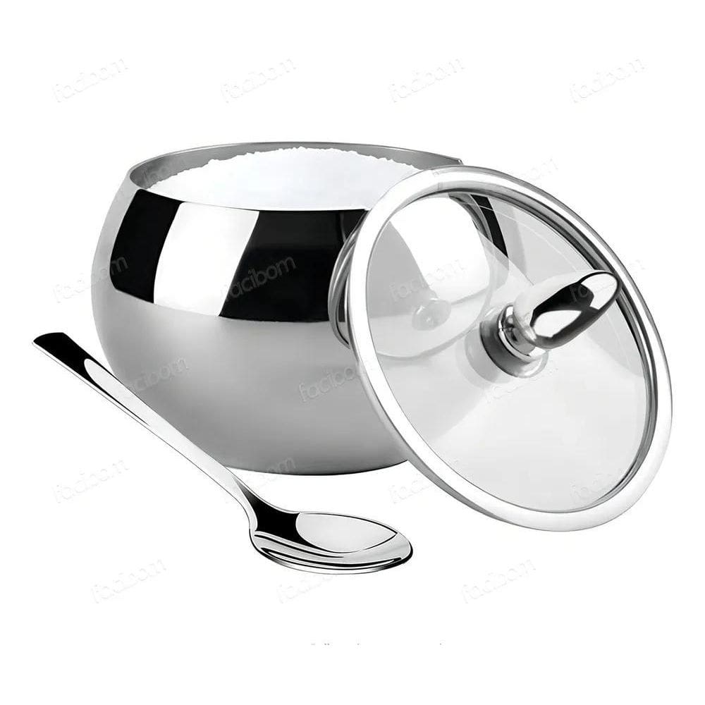 2X Açucareiro Em Aço Inox Com Tampa De Vidro E Colher Qualid