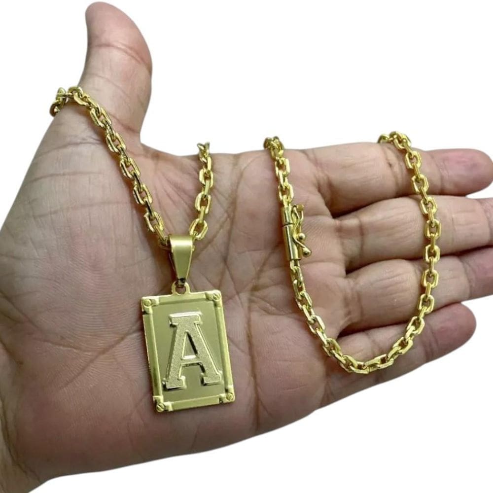 Cordão 4Mm Cadeado + Pingente Letra Placa - Banhado A Ouro