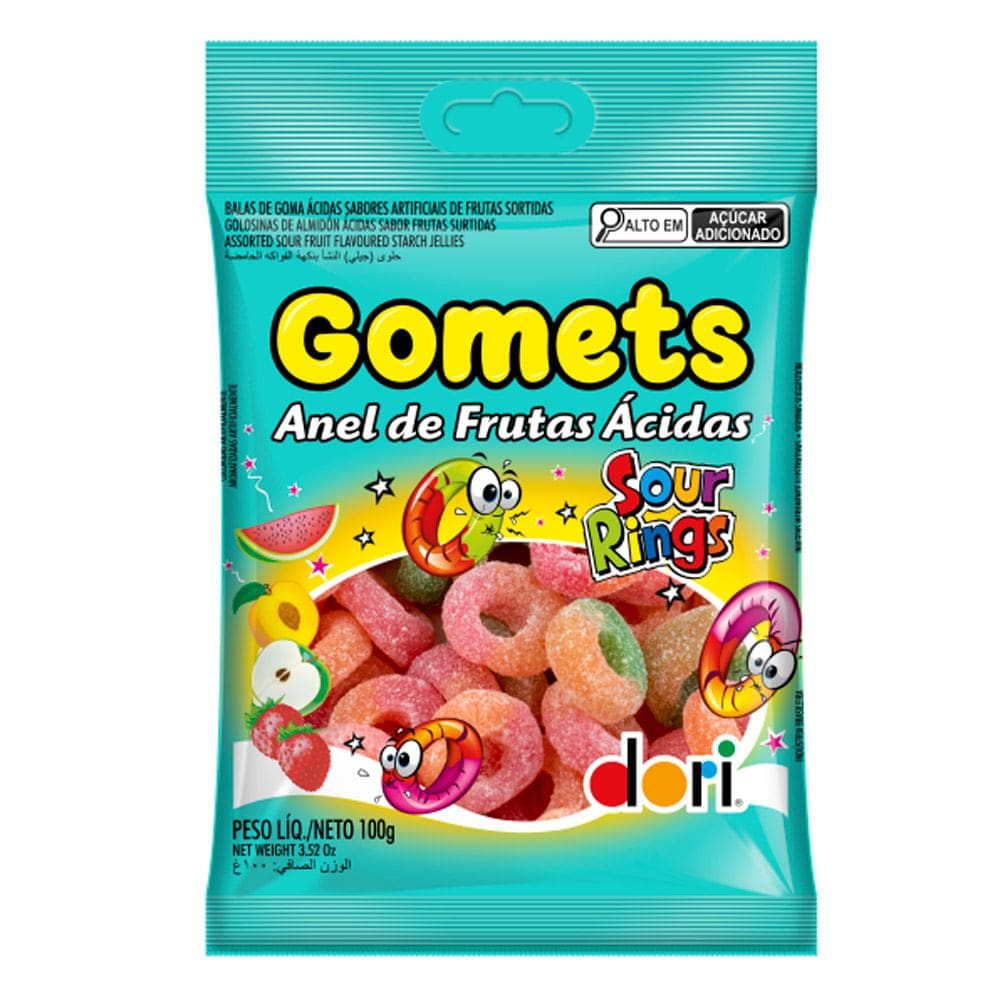 Balas Gomets Anel de Frutas Ácidas Sour Rings Sabores 100g