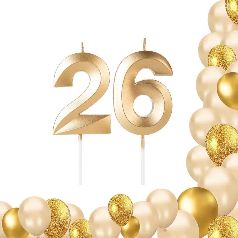 2 Velas De Aniversario Numero Design Dourada Idades 26/62 An