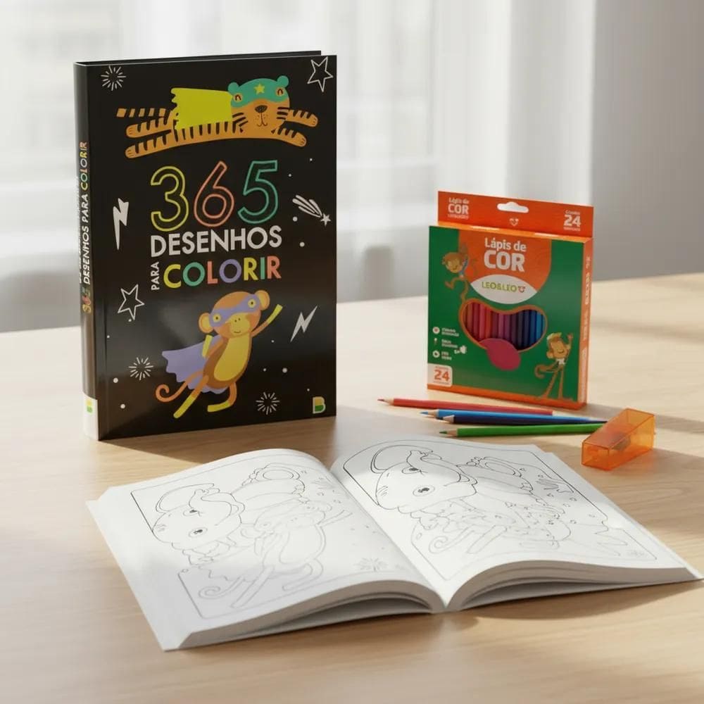 Kit Livro De Colorir 365 Desenhos + Caixa Lápis De Cor 24 Un