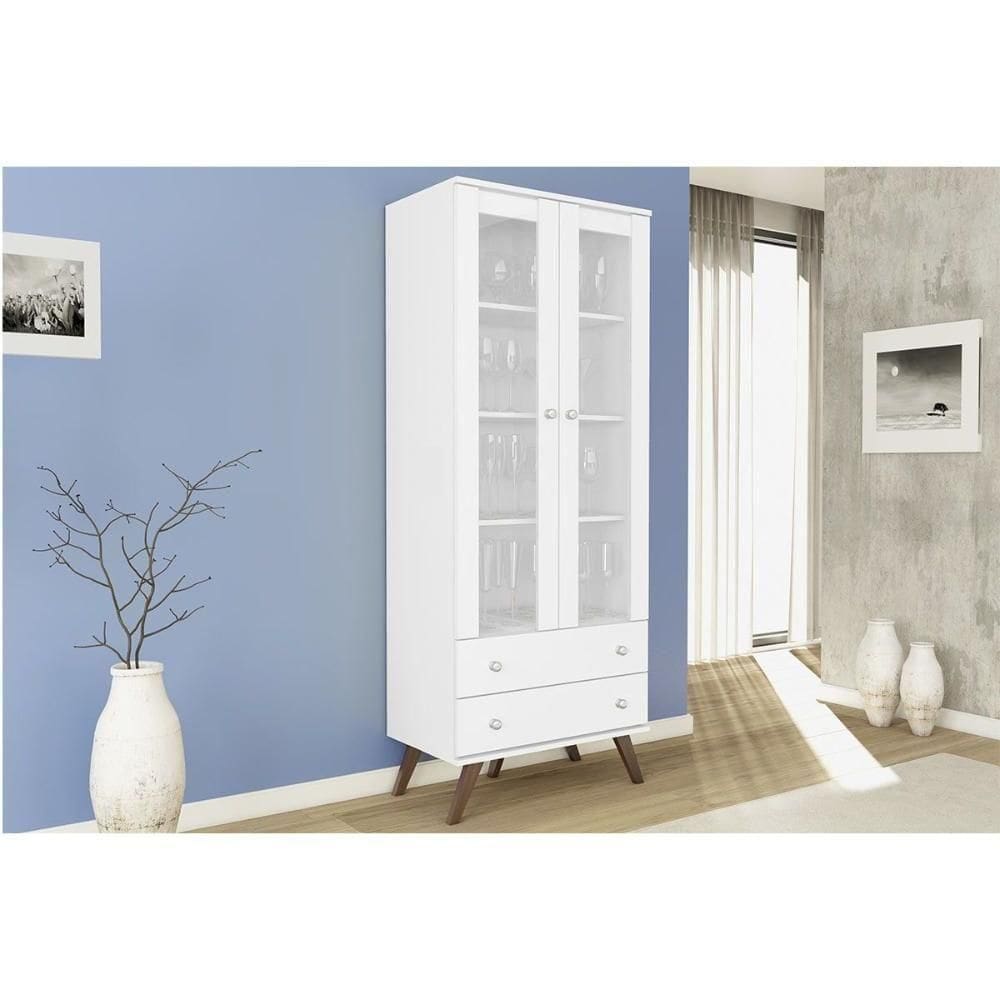 Estante De Livros Esm 217 C- 2 Portas C- Vidro E 2 Gavetas 70cm Branco - Movelbento