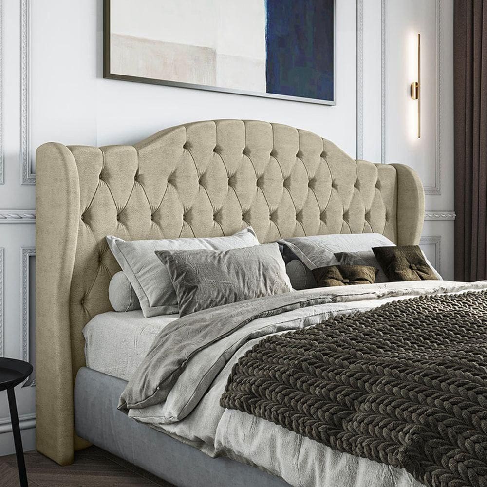 Cabeceira Estofada Casal 140 Cm Cristal Veludo Bege