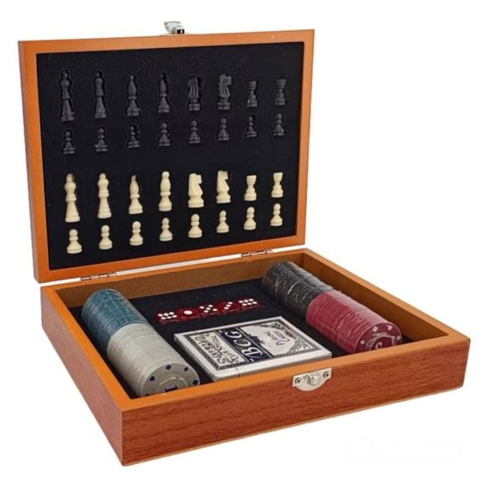 Kit Jogos com Tabuleiro de Xadrez e Caixa de Poker e Baralho