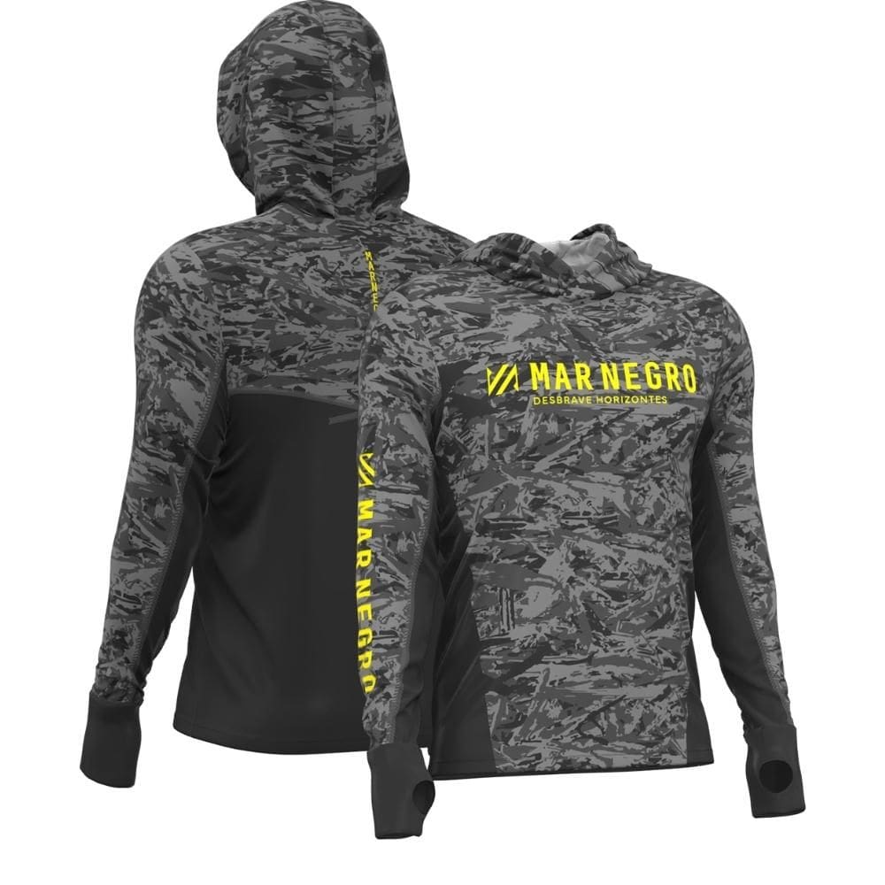 Camiseta de pesca Mar Negro Sublimada com capuz Cinza com proteção UV50+