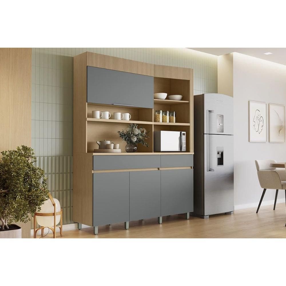 Kit de Cozinha Compacta Realeza c/ 4 Portas 5 Nichos e 2 Gavetas 160cm Carvalho/Titânio - Nesher